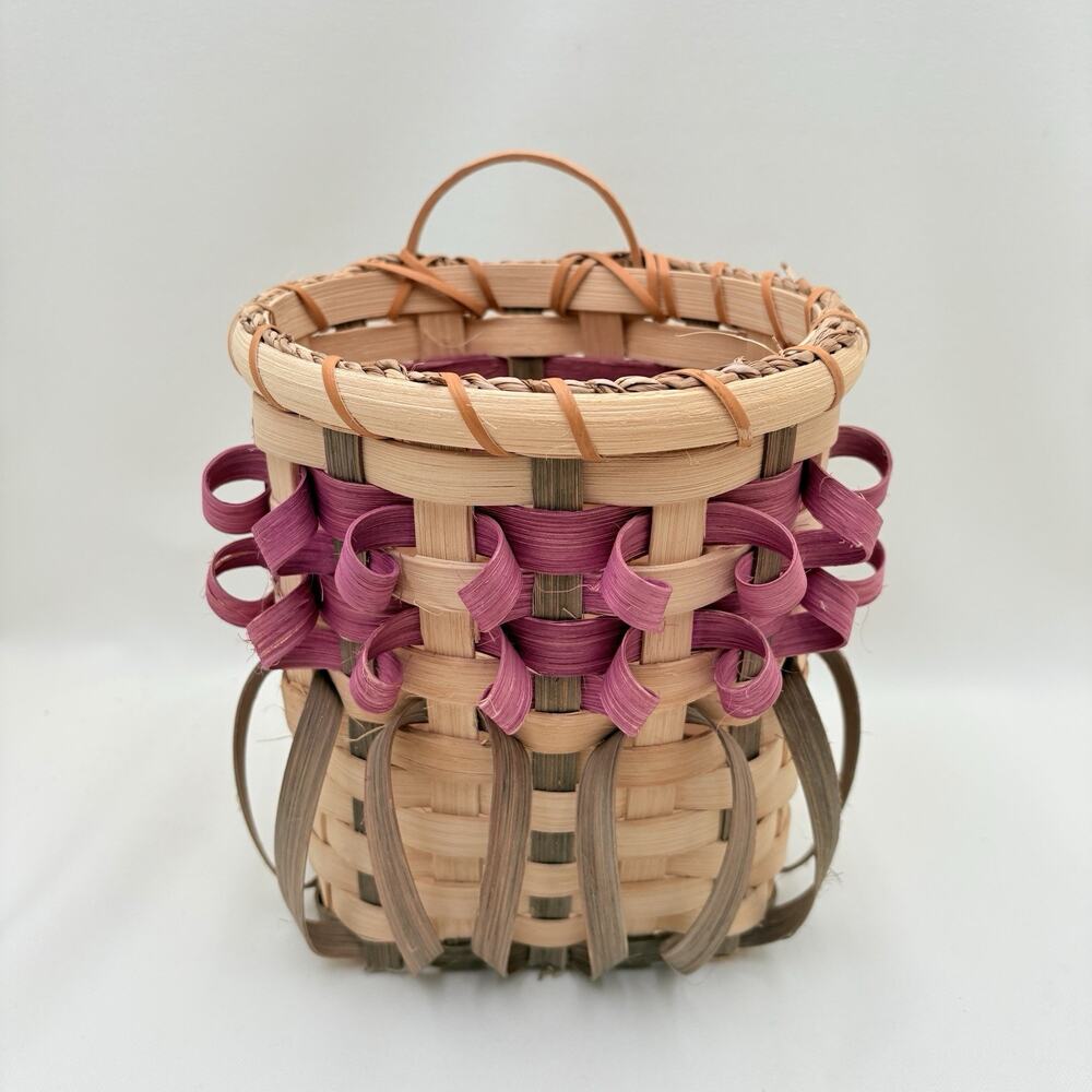 Vintage Wall Pocket Hanging Basket Woven Curl Twist Ribbon Signed - Country